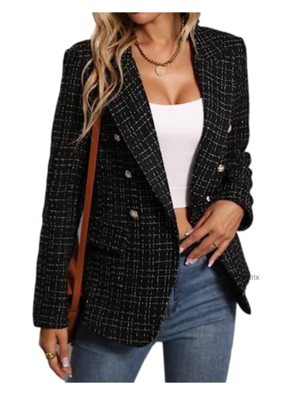 Tweed Plaid Blazer Double Breasted Peaked Lapel Business Casual Jacket